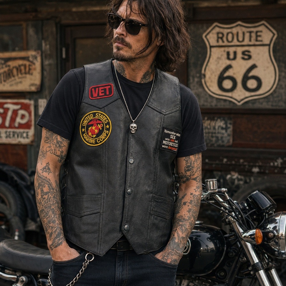 Mustang Leather Motorcycle Vest USA Marine Corps Patches Black Biker Men's Large